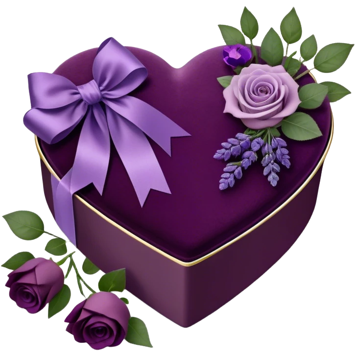 A vintage-inspired heart-shaped velvet box, wrapped with a rich plum silk ribbon, rests beside a delicate arrangement of soft purple roses, lavender sprigs, and dark amethyst pansies. Under the moonlight, tiny silver stars glimmer on the box’s lid, reflecting the romantic glow of an ornate candlestick standing nearby. emoji