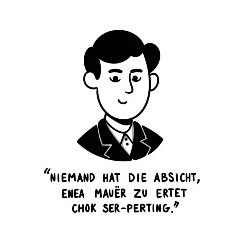 hand-drawn doodle style portrait of Walter Ulbricht with the German quote: "Niemand hat die Absicht, eine Mauer zu errichten!" emoji