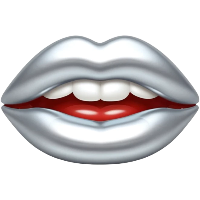 Chrome silver lips emoji, glossy metallic texture, iOS emoji style, smooth reflections, bold but minimal design, centered emoji