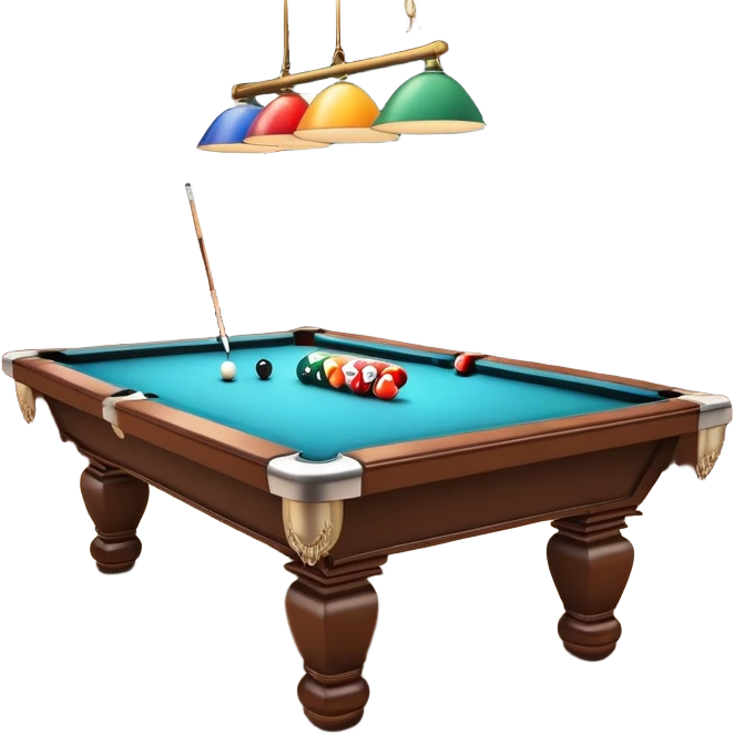 A billiard table with colorful balls arranged in a triangle, and a cue stick poised to break. The scene is set in a dimly lit room, with focused lighting highlighting the balls and table, emphasizing skill, precision, and strategy in the game of pool. emoji