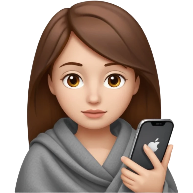 создай девушку с телефоном в руках (айфон) в стиле Emoji  iOS. 
У девушки длинные коричневые волосы, карие глаза, она сама светлая кожа, без макияжа, у неё большие глаза, нос с малекой горбмнкой и немного пухлые губы,  сидидит укутавшись в плед серый плед, смотрит в экрван телефона emoji