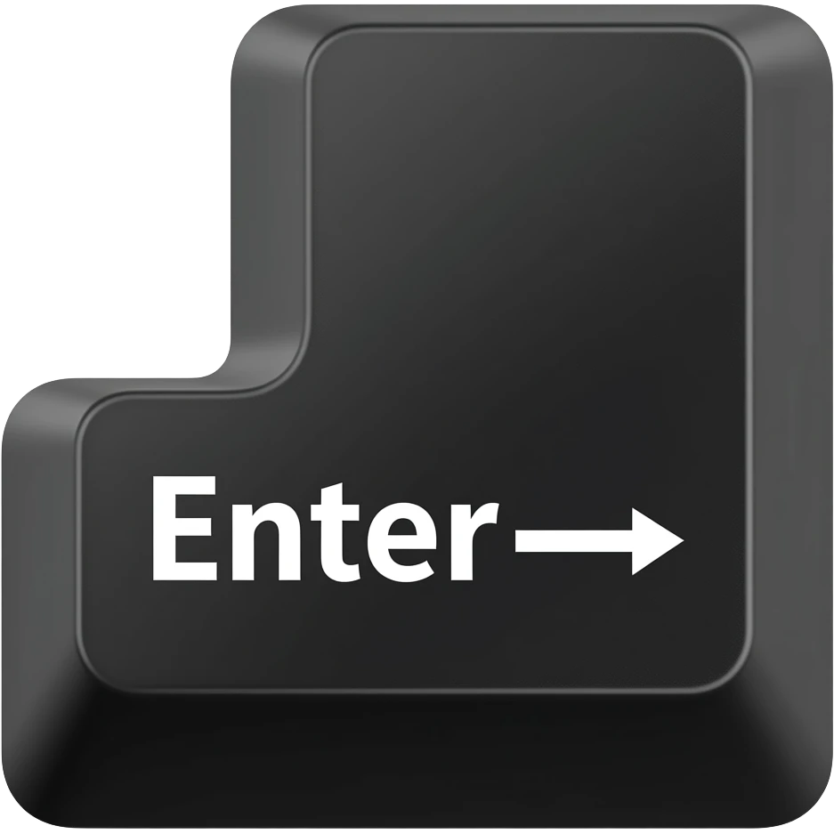 Glossy black L-shaped Enter keycap with a delicious candy-jelly texture. White "Enter" text and return arrow. 3D emoji style, white background. emoji