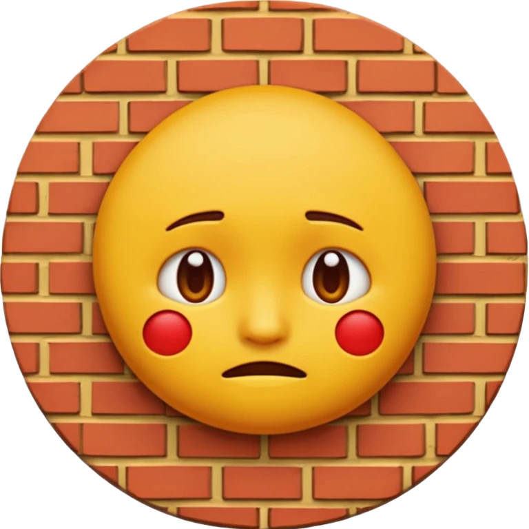 If you are familiar with the Melting Face Emoji, the round yellow face, with no define facial features, generate an emoji with that face but sad. Also, the face should be leaning against a red brick wall, with one cheek touching it, so this wall should be in perspective to understand the composition emoji
