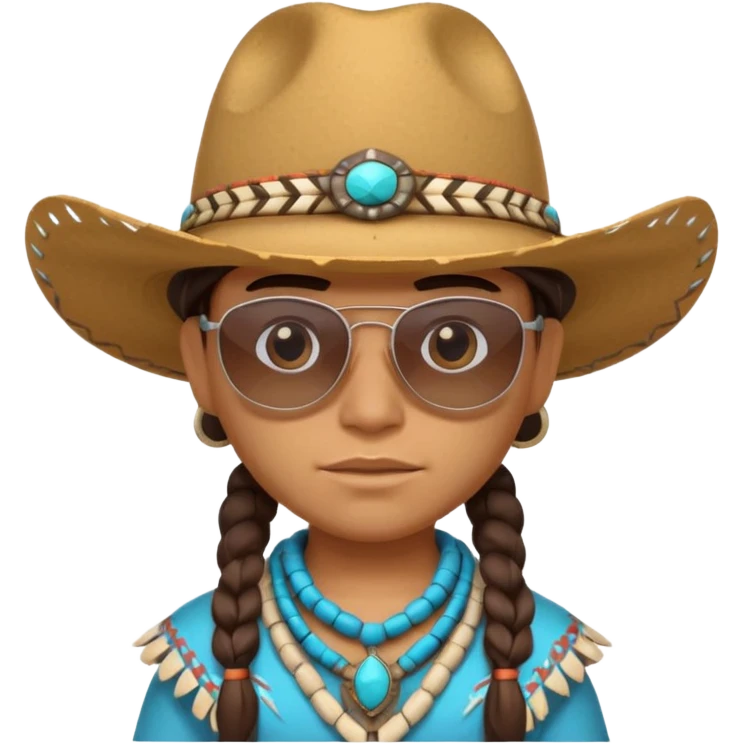 cute Indigenous tribal character portrait, head and shoulders only, cowboy hat, sunglasses, tribal accessories, confident expression, 3D cartoon, mobile game icon style, clean background, no text, no watermark
 emoji