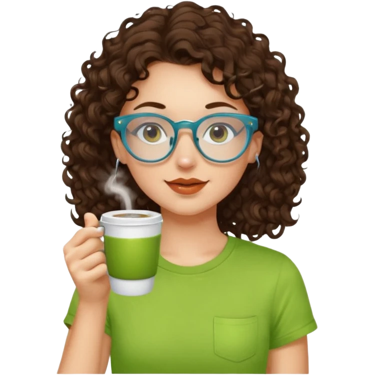 White girl with dark brown curly hair, brown eyes, sky blue glasses, nose ring, apple green t shirt, drinking coffee from a glass cup emoji