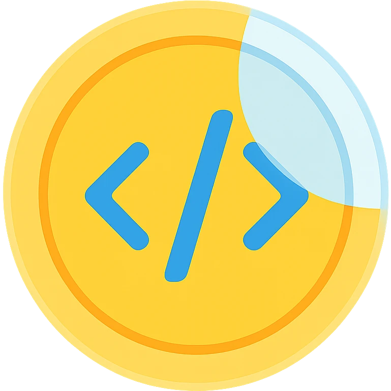 a vibrant colorful coin with coding symbols and a glass effect emoji