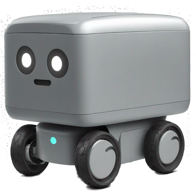 solid horizontal rectangle gray delivery robot with white circle white led eyes and opening lid on 4 wheels, minimalistic design emoji