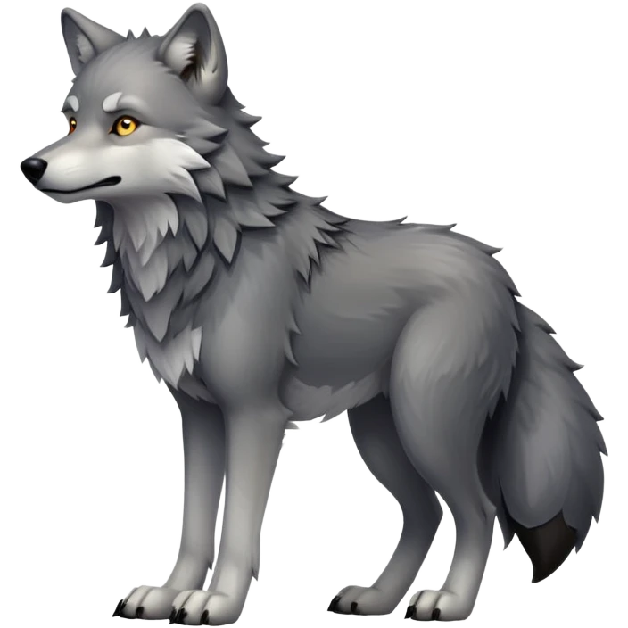 cinematic-[wolf]-realistic-full-body-standing-emoji,-tail-resting-loosely-beside-its-paws,-head-tilted-dramatically, -scruffy-[grey]-fur,-simplified-yet-realistic-focused-features,-highly-detailed,-glowing-with-an-almost-sarcastic-glow emoji