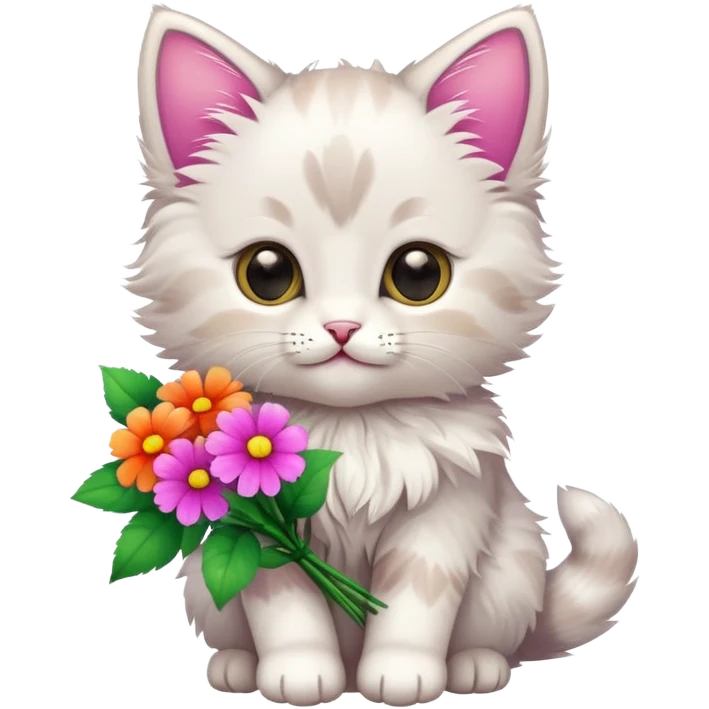 A cute kitten holding flowers emoji