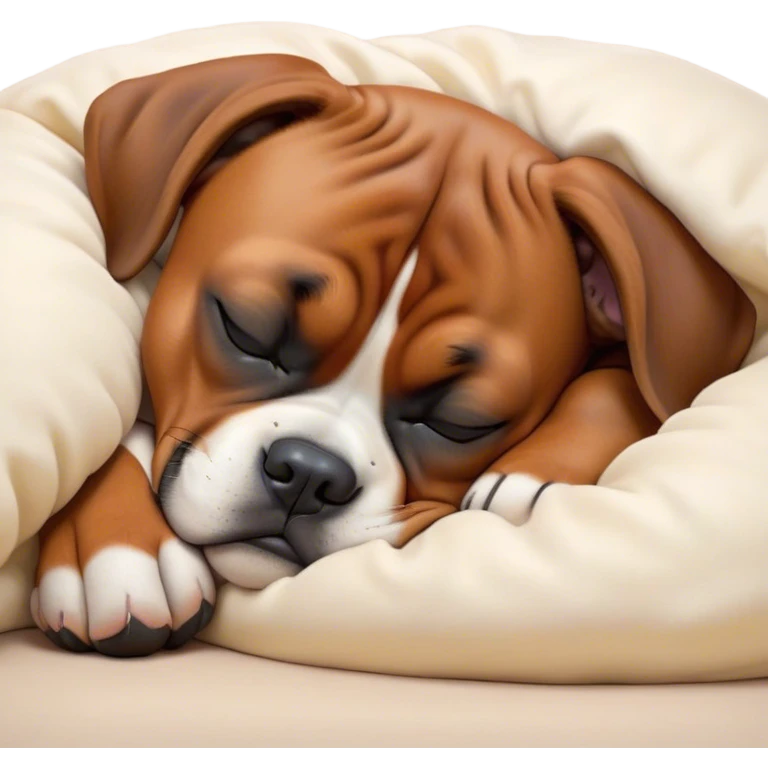 Cinematic cute Sleeping Boxer dog Portrait Emoji, cute and serene, with a stocky, adorable build and a smooth fur, eyes gently closed in peaceful slumber, Simplified yet irresistibly endearing features, highly detailed, glowing with a gentle, dreamy glow, high shine, relaxed and content, stylized with a touch of whimsy, bright and heartwarming, soft glowing outline, capturing the essence of a blissfully sleepy guardian, so comically serene it feels like it could roll out of the screen and snore with adorable charm! emoji