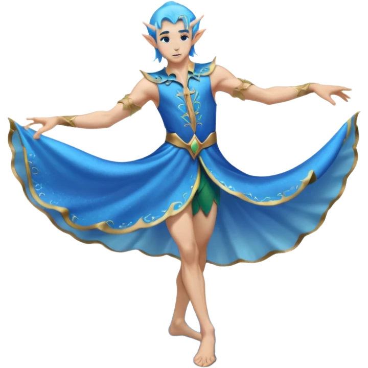 elf male dancer with water-like dress, graceful pose on wet sand, splashes, pointy ears, serene expression, centered emoji, ethereal blue colors emoji