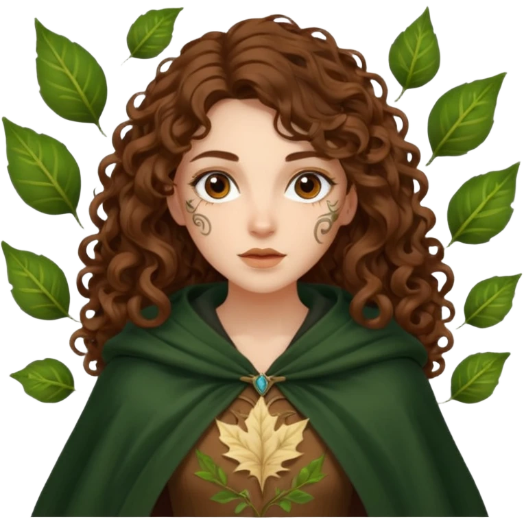 woman with long curly brown hair, brown eyes, white skin, tattoos, cloak made of animated leaves swirling emoji
