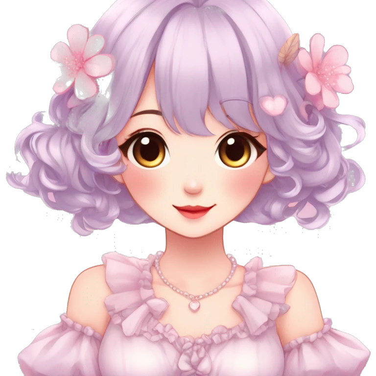 Gorgeous anime style lady with blushing face and accessories cottagecore fairycore Kawaii anime colorful pearly romantic aesthetic trending style emoji