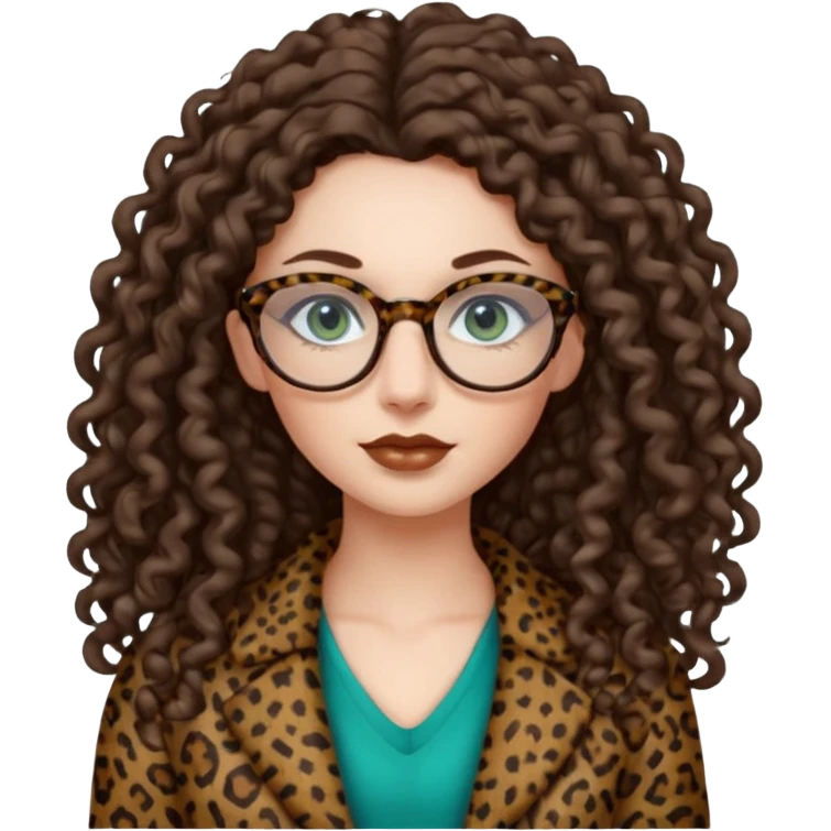 a blue green eyed woman with very very long brunette curly hair, full lips,and pale skin. She is wearing a leopard printed thin round-ish glasses . She is wearing brown clothes. emoji