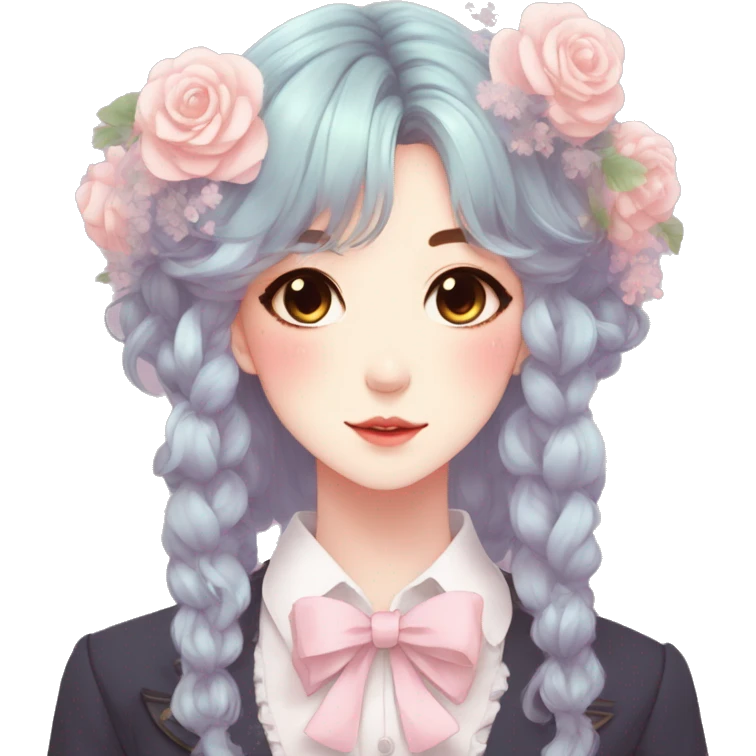 Gorgeous pastel anime style lady with blushing face and flowers and laces and bow ties and pretty hair aesthetic trending style emoji