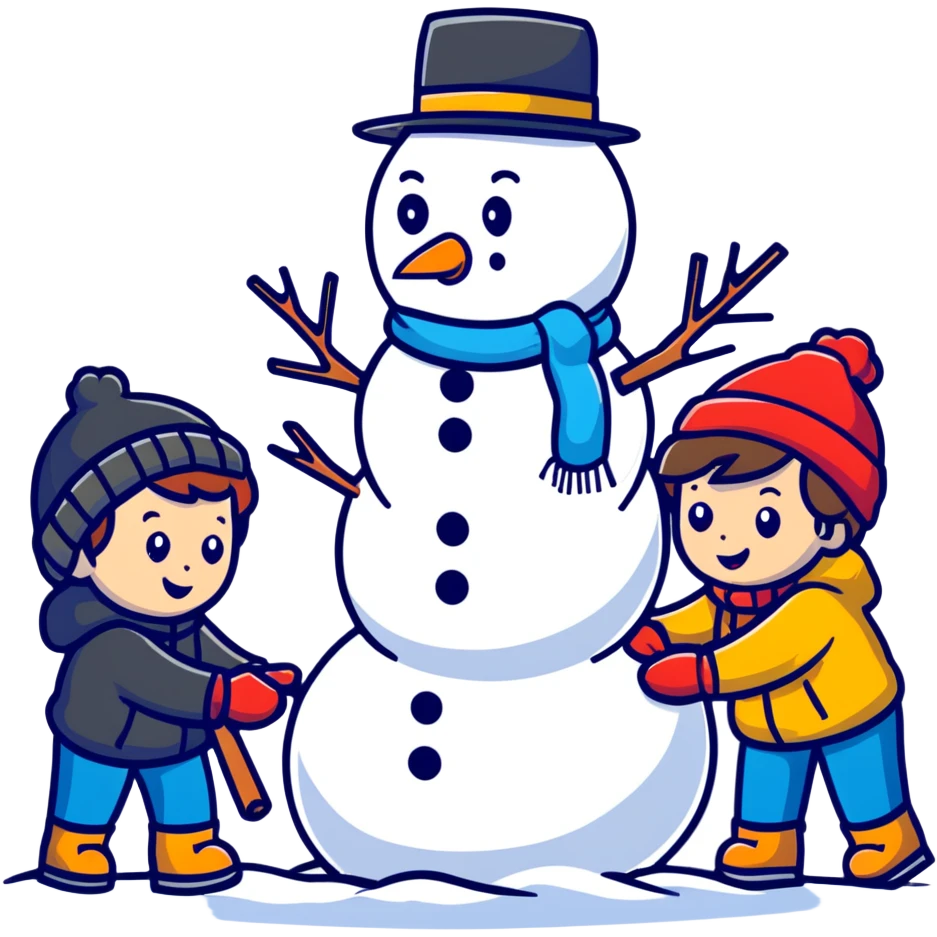 kids building a snowman, cartoonish and fun emoji