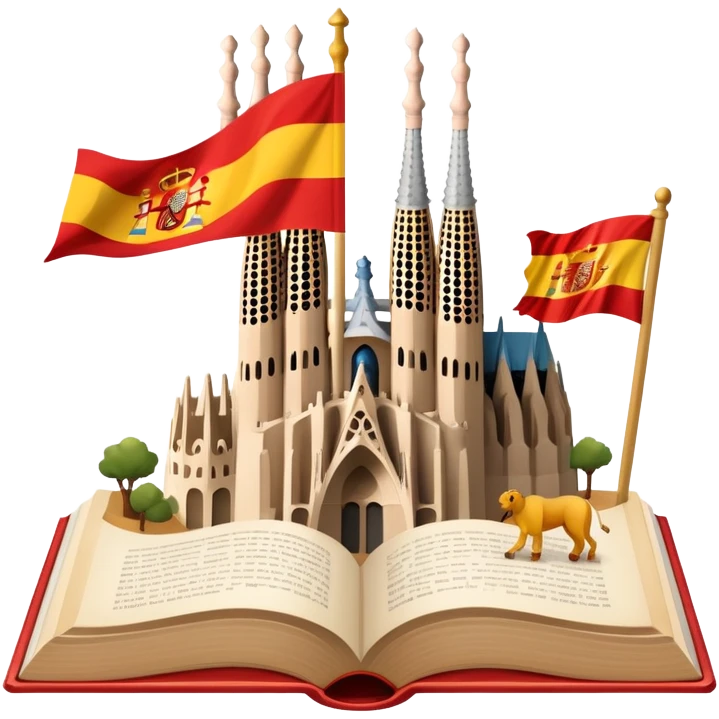 An icon featuring the Sagrada Familia and the flag of Spain, symbolizing the Spanish language. The design includes an open book with Spanish text and flamenco dancers, representing language learning and cultural heritage. Transparent background emoji