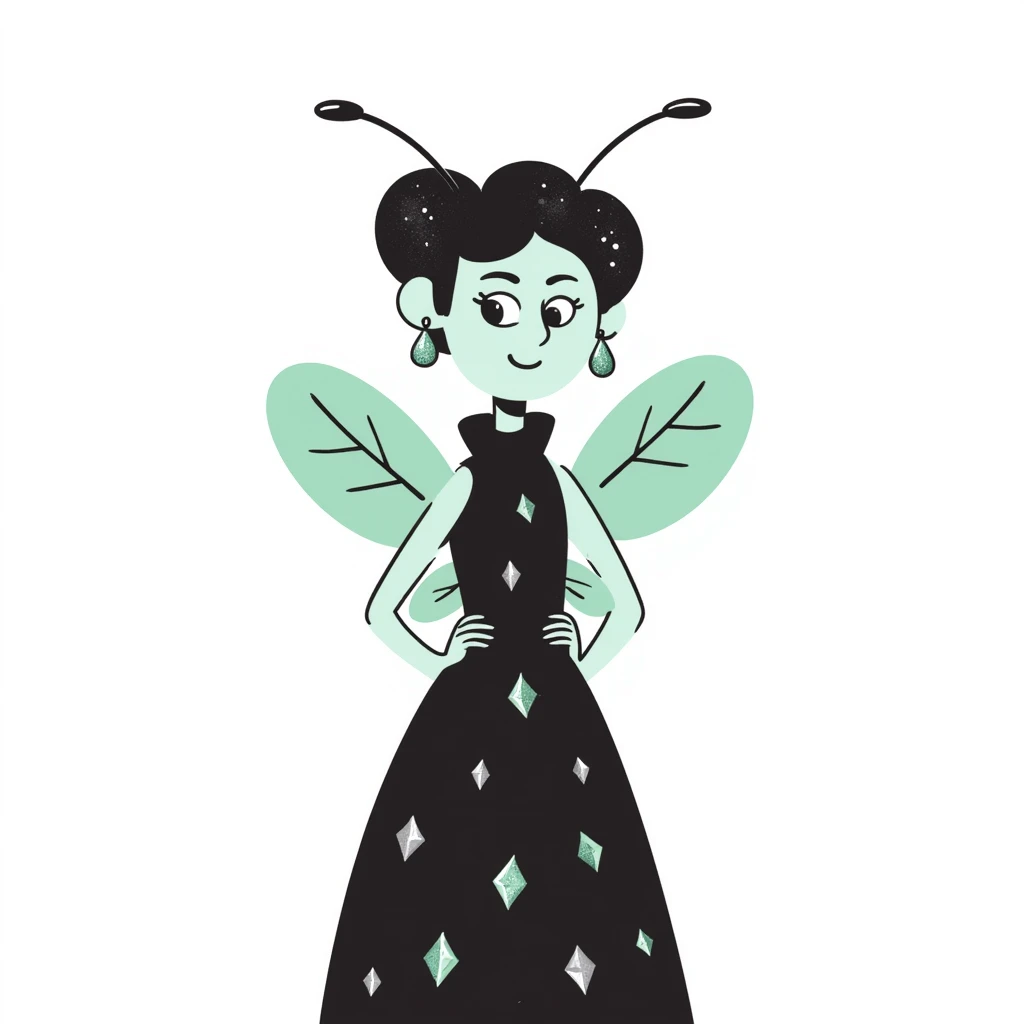 Mint green woman bee character with diamond decorations, rhinestone jewelry, and glittery sparkly details emoji