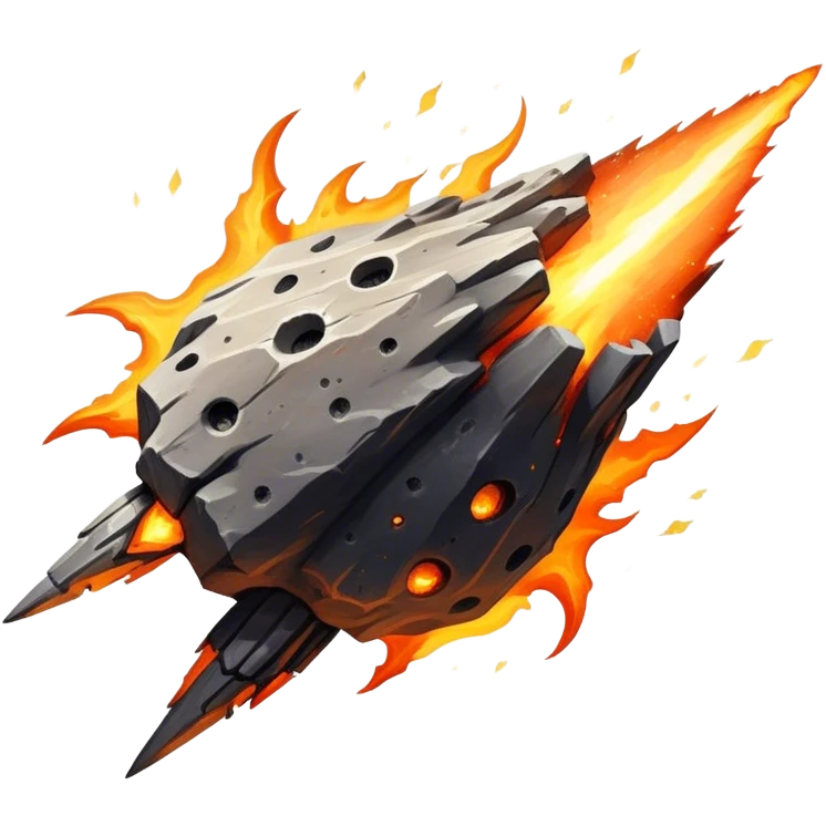 A massive, rocky meteor blazing through space with a fiery tail of orange and yellow flames. Its surface is rugged and cracked, glowing with intense heat. Embers and sparks trail behind as it hurtles forward. emoji