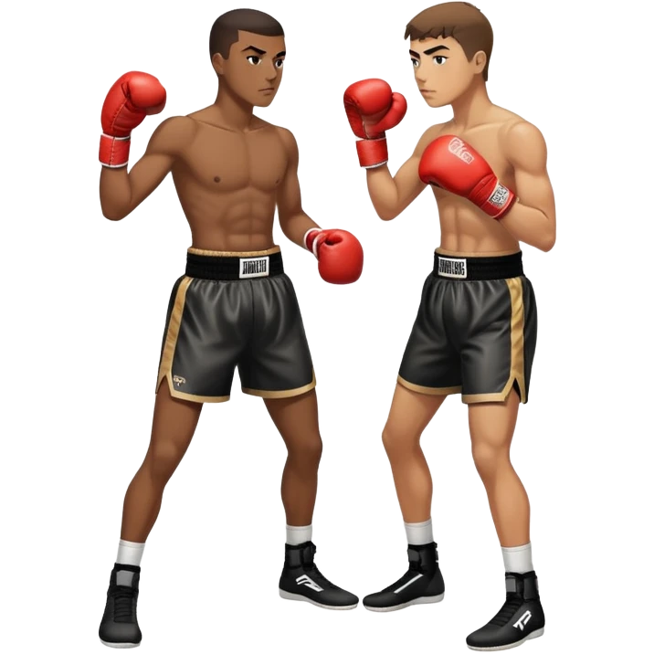 19-year-old lightweight Black male boxer in boxing stance, full body view, lean athletic build, boxing gloves, boxing shorts emoji