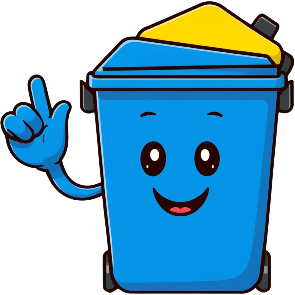 cartoon blue bin with a happy face, waving and saying hi emoji