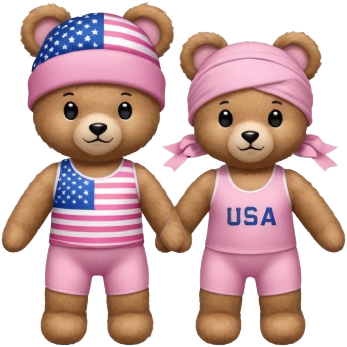 osito de peluche cafe claro con ropita rosa claro y estapado de la bandera de usa y otro con una liga de pilates en la cabeza y con ropa deportiva emoji