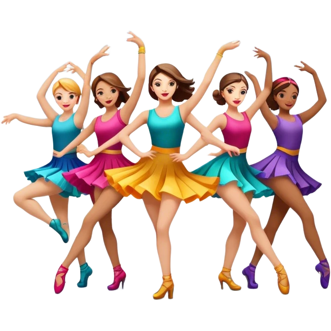 Icon for Contemporary Dance: a synchronized group dance performance with dancers in modern outfits, performing on stage with bright spotlighting and energetic movement. The icon should capture the dynamic and vibrant nature of contemporary dance. Transparent background. emoji
