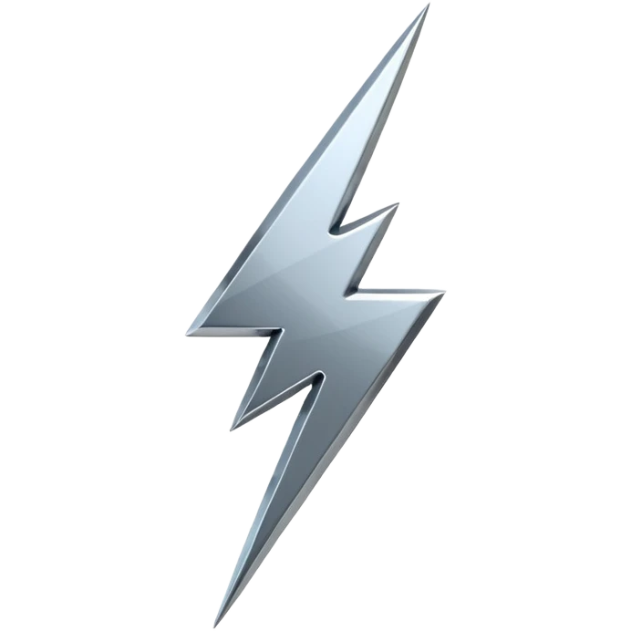 A lightning bolt emoji made of polished silver chrome, sharp yet rounded edges, glossy metallic surface, soft reflections, minimal futuristic design, iOS emoji style, centered, clean white background emoji