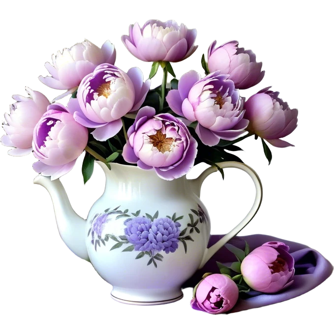 A porcelain pitcher with delicate lavender patterns holds a bouquet of pastel purple peonies, some fully opened, others still unfurling. Their petals, ranging from soft lilac to muted heather, contrast with the smooth surface of the pitcher. A few fallen petals rest beside it on a wooden table, while the edges of a lace cloth peek from underneath. Light filters through, emphasizing the variations in color and texture." emoji