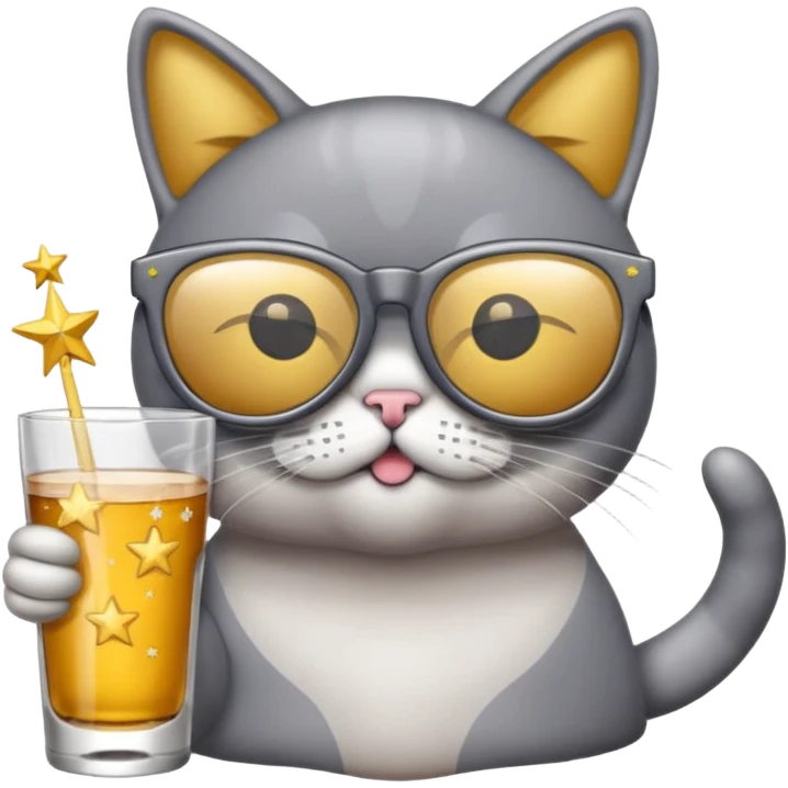 Fait un chat gris avec des lunettes de stars et avec un verre d alcool qui fait la fête emoji