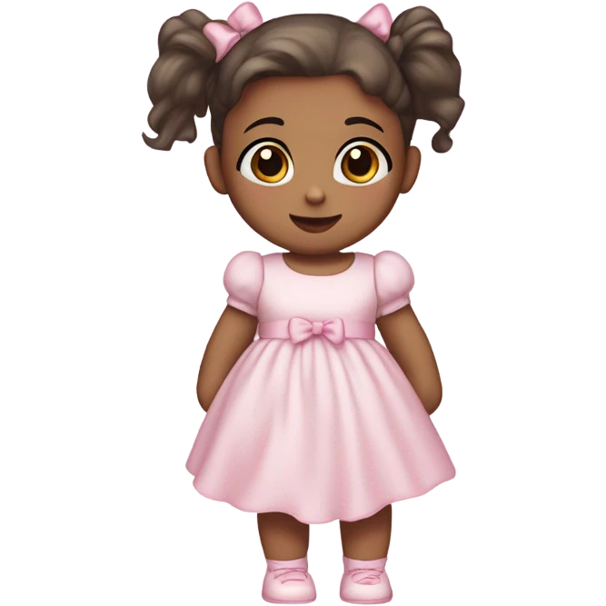 Little Baby Girl with light white skin, brown eyes. Dark hair in two ponytails, with light pink bows.  She is wearing a light pink and White dress, standing and holding a teddybear with a pink bow. Only showing up to her waist emoji