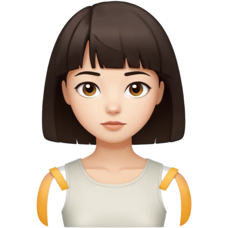 a short bob with bangs and dark brown hair. They have a calm expression, fair skin, and wear a sleeveless white cropped top emoji