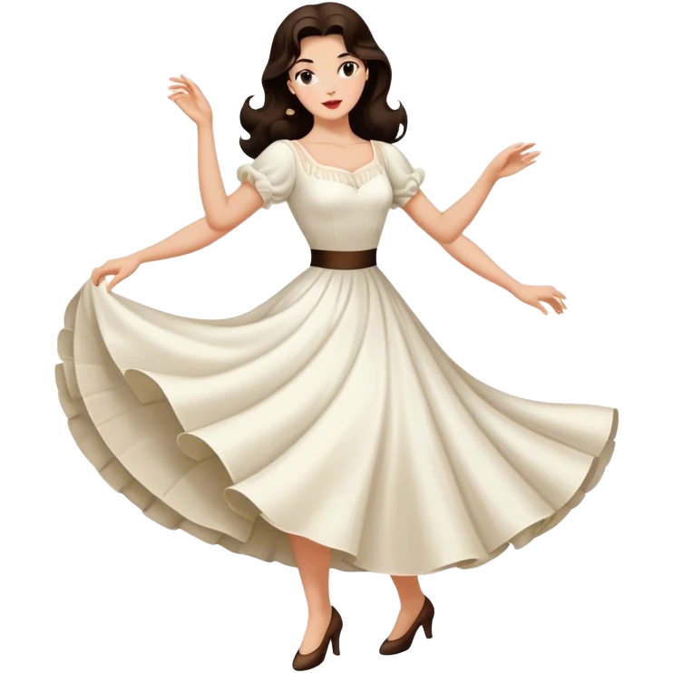 Beautiful woman in 1950’s woman fashion look, white dress, long dark brown hair, balboa dance emoji