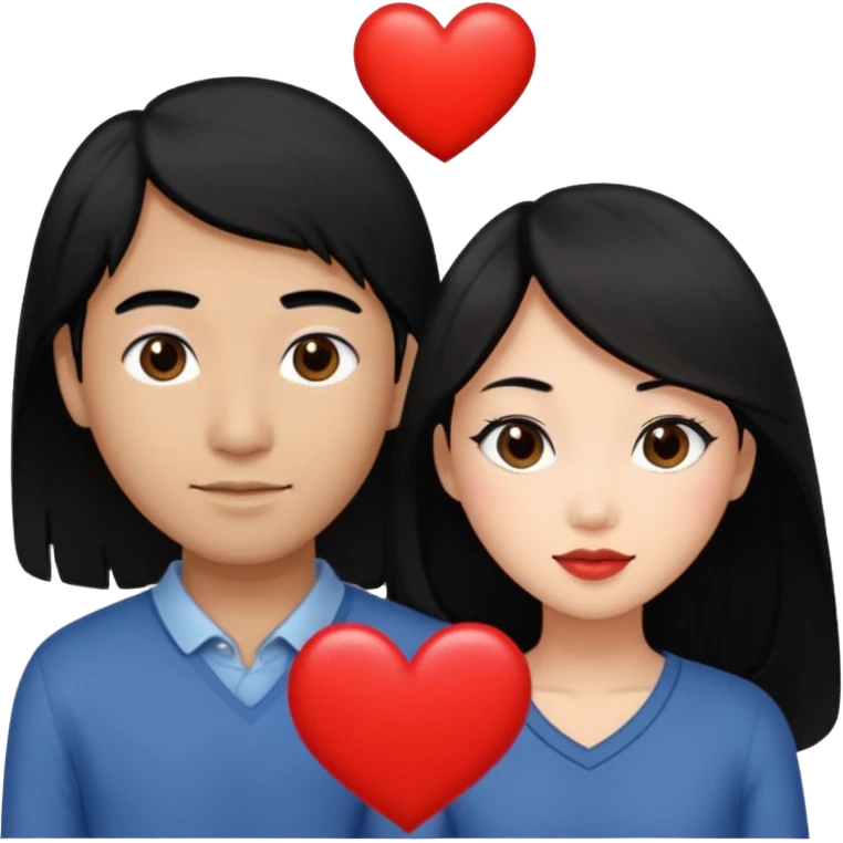 Asian Woman with long black hair black eyes, brown man with short black hair black eyes, and love heart emoji
