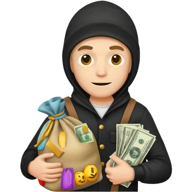 white man dressed as a robber, holding a sack of money, simple emoji style emoji