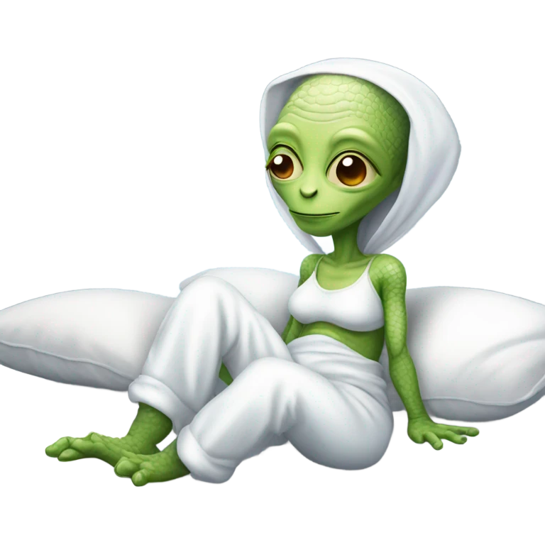 Reptilian alien woman, in white in pajamas, sleeping to bed emoji
