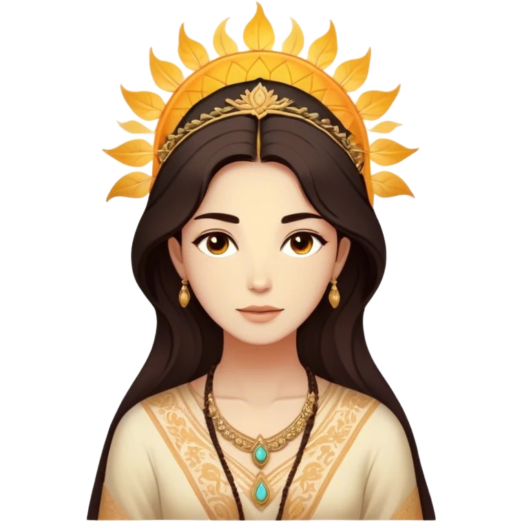 Cinematic Radiant Pocahontas Portrait Emoji, rendered in a vector-style with clean lines. Show Pocahontas with luminous, sun-kissed skin and flowing dark hair adorned with subtle natural ornaments, her expression calm and kind, dressed in simple traditional attire with earthy tones. The image glows softly with a warm, inviting radiance, enhanced by a soft glowing outline. emoji