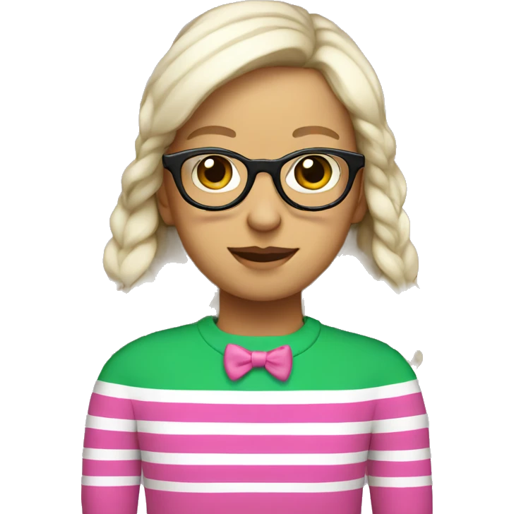 White bow wearing glasses and pink, green stripe sweater emoji
