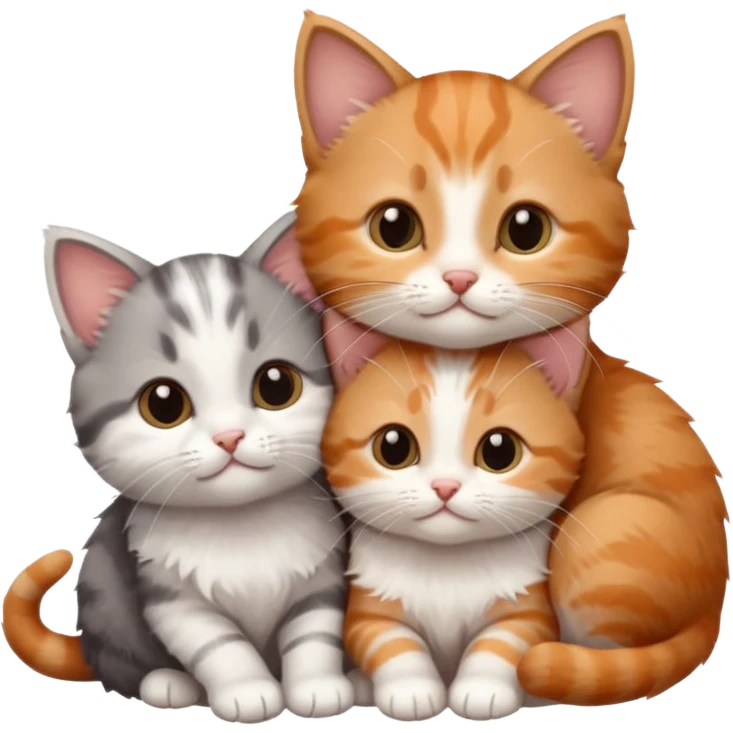 3 very small kittens cuddling together all different colours, the first one is grey and white, the second is ginger and white and the third is brown tabby and white emoji