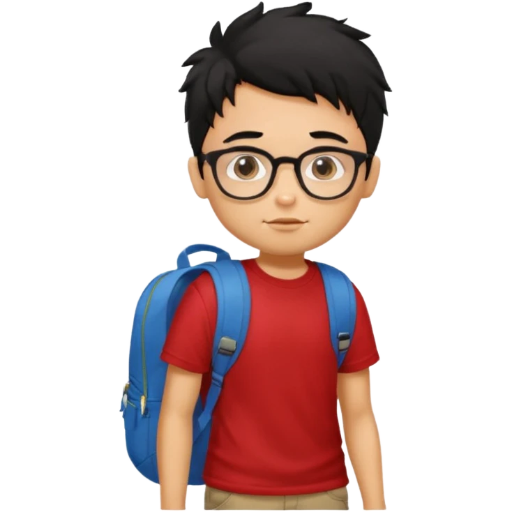 generate a pretty tan bratz boy with glasses and a backpack. black messy hair. wearing a red tshirt. emoji