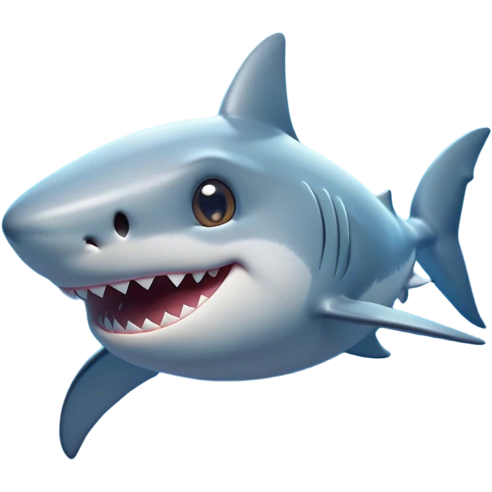 Cinematic Cute Shark Portrait Emoji, Head tilted playfully and inquisitively, featuring a glossy, streamlined body with a subtle shimmering hue and round, sparkling eyes filled with curious charm, Simplified yet irresistibly adorable features, highly detailed, glowing with a warm, friendly glow, high shine, affectionate and sleek, stylized with a touch of marine whimsy, bright and endearing, soft glowing outline, capturing the essence of a mischievous yet loving shark, so playful it feels like it could swim out of the screen into your arms! emoji