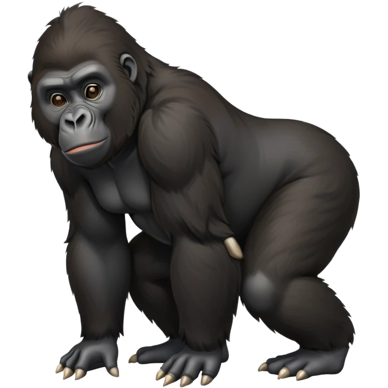 cinematic-friendly relaxed young gorilla-realistic-full-body-crouched on all fours on knuckles-emoji,-poised-with-confidence,-massive-arms-hanging-slightly-forward,-head-tilted-thoughtfully,-thick-black-fur, friendly ,-simplified-yet-realistic emoji