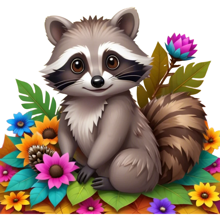 Collage of an exotic raccoon and a hedgehog, both with cute expressions, sitting together on a bed of colorful leaves and flowers. The raccoon is holding a shiny object, while the hedgehog curls up in a playful pose. Bright, nature-inspired background with vibrant colors. emoji