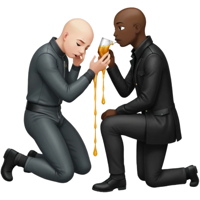 Bald man on his knees submissive to tall, standing man in leather, pouring piss down his throat emoji