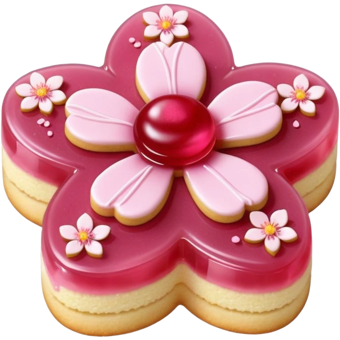 Realistic shortbread cookie in the shape of a cherry blossom with pale pink color jelly middle filling and sprinkled powder sugar on top. emoji