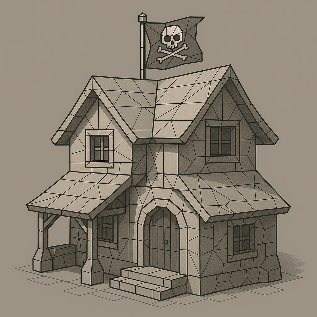 old pirate's house with skull flag emoji