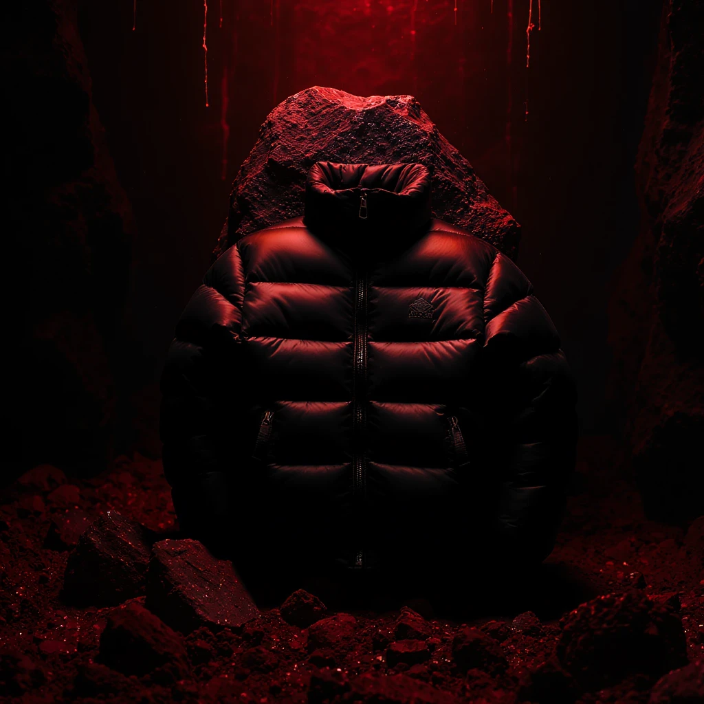 cinematic still of a front black puffer jacket around black stone with red coal temeperature environment, back red light, top light, shot by sony A7 III emoji