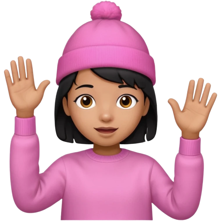 Kid in pink hat and jumper waving, black hair emoji