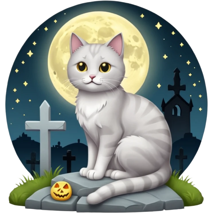 grau weiße Katze bei vollmond auf dem friedhof neben einem grabstein emoji