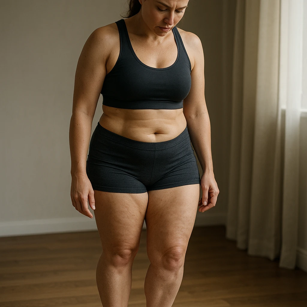 hyper realistic 4K image of a woman weighing herself on a scale, visibly fit but with stubborn fat on legs and thighs, detailed skin, atmosphere of self-analysis emoji